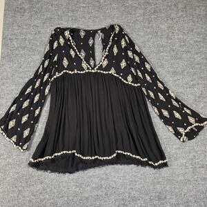 Free People We The Free Top Womens M Black Boho Peasant Bell Sleeve Flowy Tunic